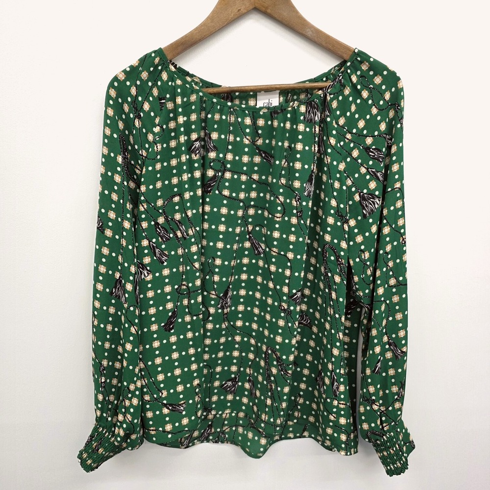 Womens M Green Geometric Polka Dot Blouse Long Sleeve Smocked Cuff Top